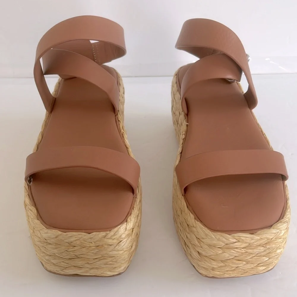DONNA KARAN Pure $210 Lolah Ankle Strap Raffia Platform LEATHER Sandals Size 10
